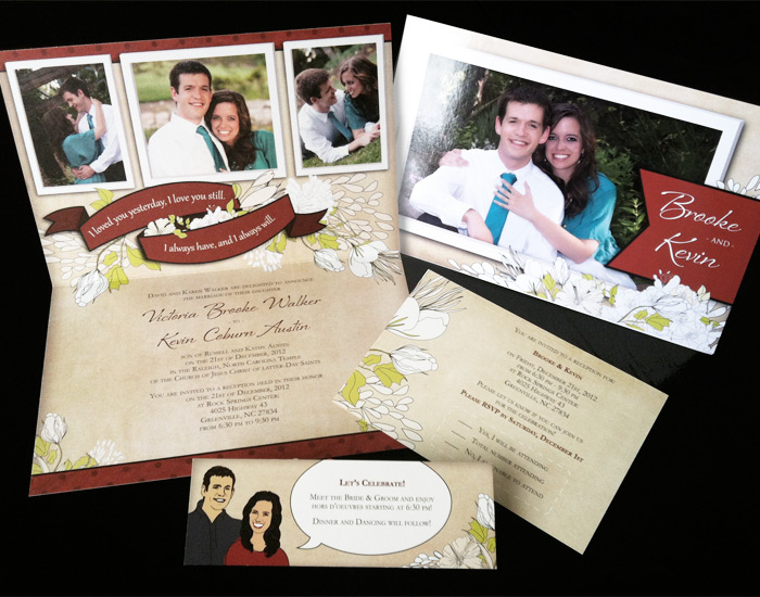 cream, red, green folded wedding invitation, rsvp card, and reception insert